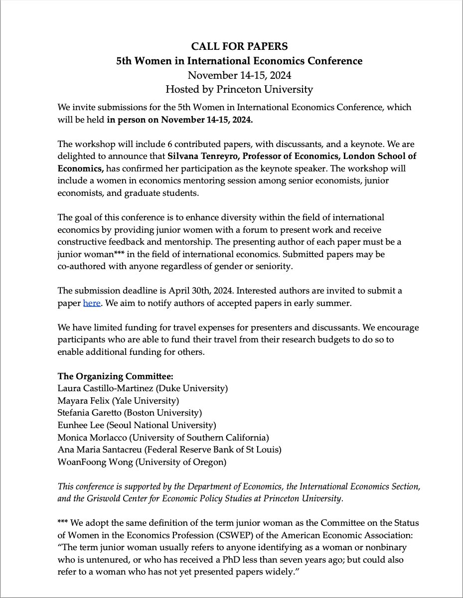 ⭐️Call for the 5th Women in International Economics conference is out! Hosted by @IESPrinceton Nov 14-15, 2024, Deadline: Apr 30. Submit a paper to join two days of research and mentorship! Co-organizers: @mayara_pfs @StefaniaGaretto @mmorl89 @AmSantacreu @WoanFoongWong