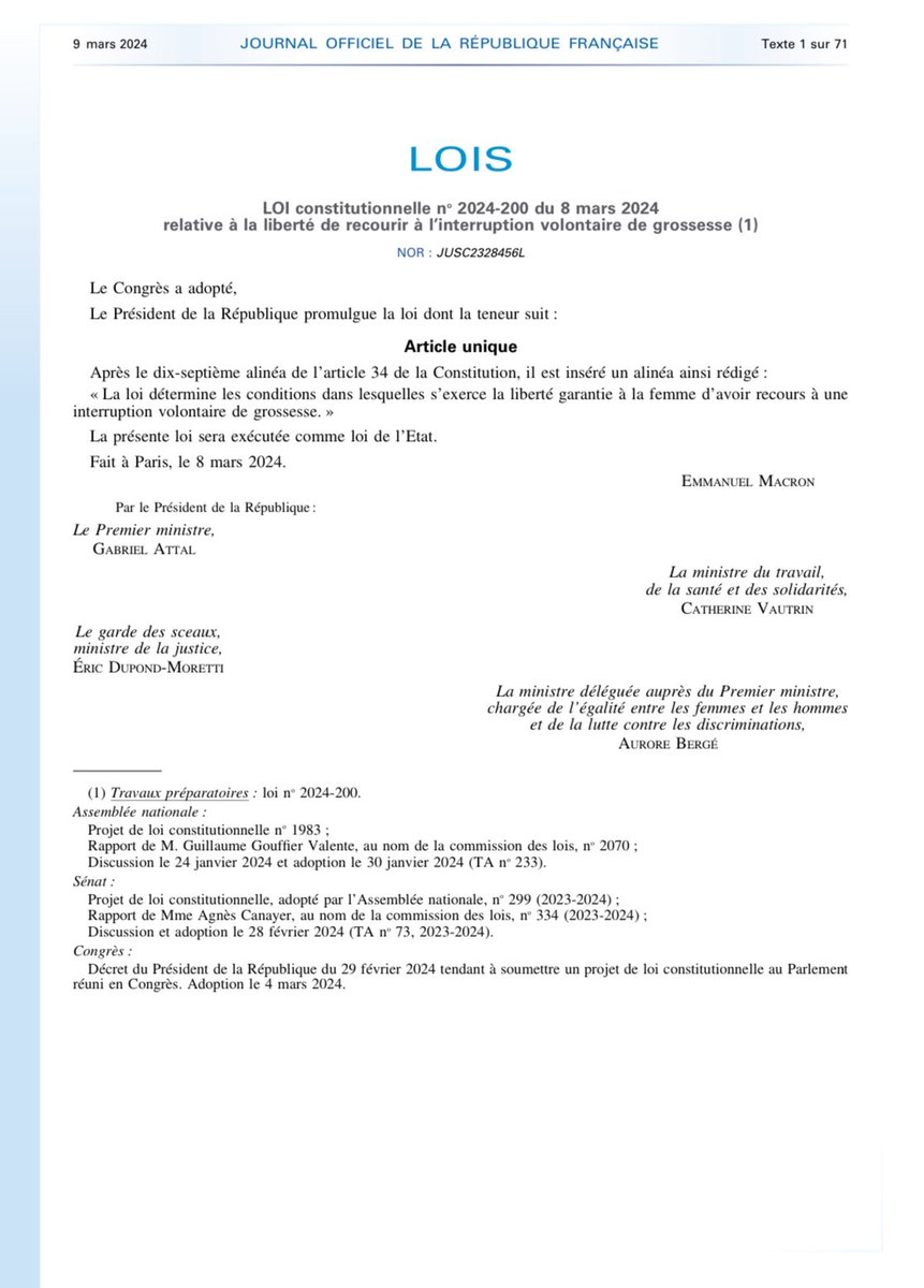 E_DupondM's tweet image. La loi constitutionnelle n° 2024-200 du 8 mars 2024 relative à la liberté de recourir à l'interruption volontaire de grossesse vient d’être publiée au Journal officiel de la République.

La fin d’un combat en France, et le début d’un combat en Europe.

Pour toutes les femmes.