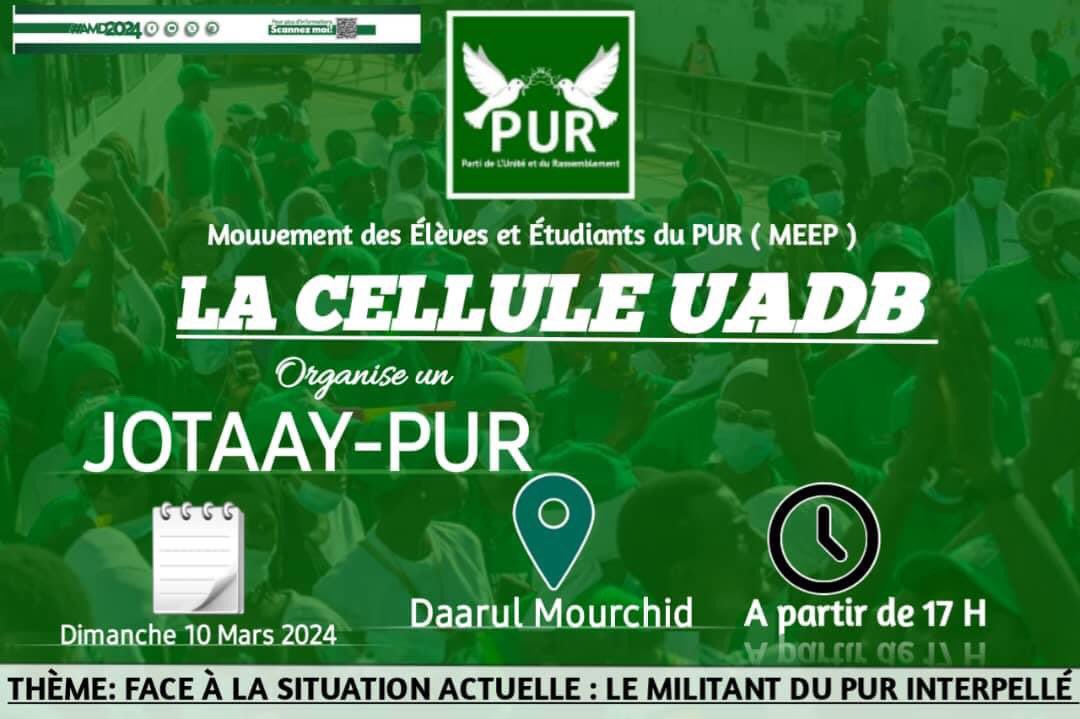 📌 Élections Présidentielles 2024

Le Mouvement des élèves et Étudiant du PUR, #Cellule_UADB organise un #Jotaay_PUR, ce Dimanche 10 Mars à partir de 17h.

Dresse Code : Lacoste, T-shirt, écharpe, Casquette PUR

#AMD
#PUR
#MEEP_UADB
#AMD_PREMIER_TOUR