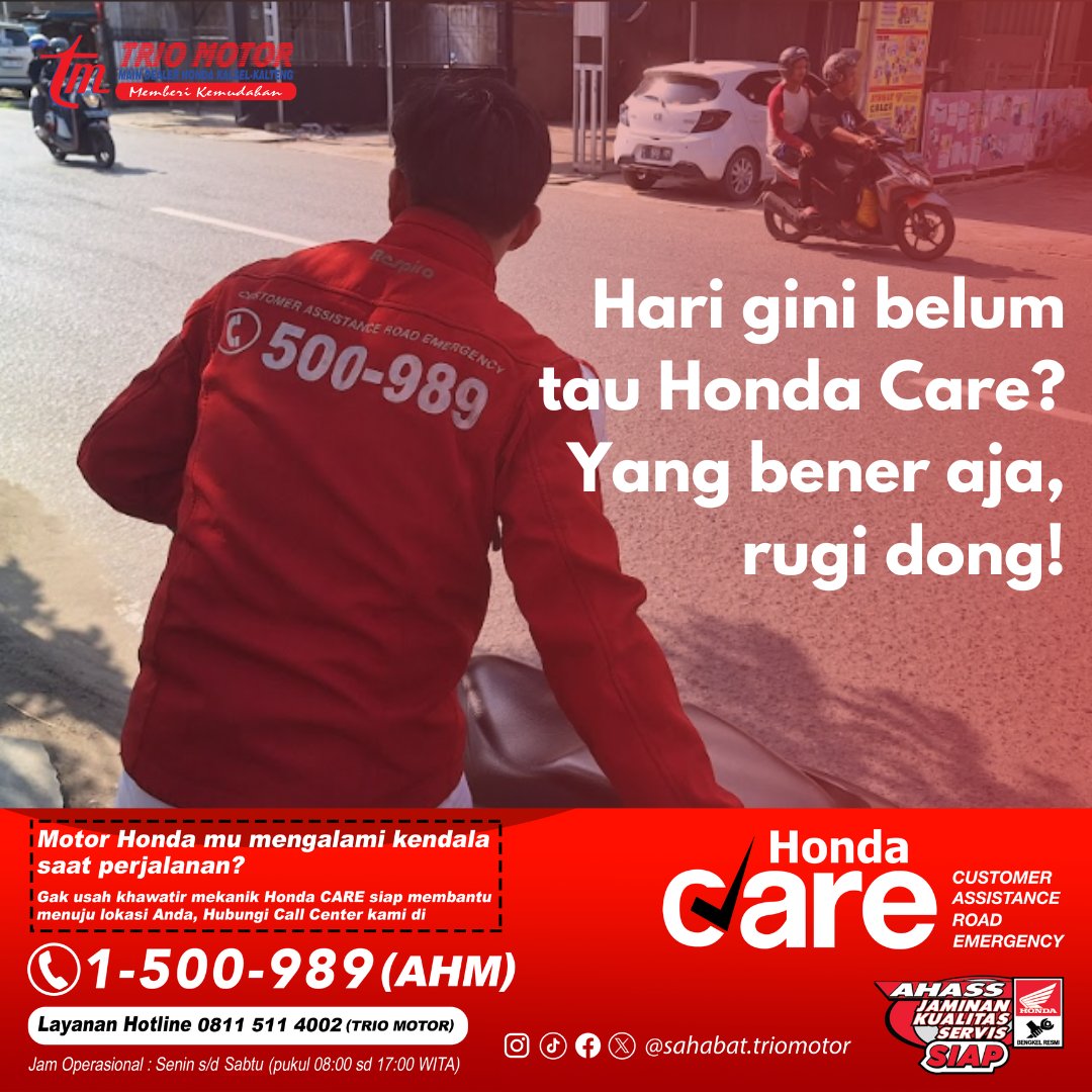 Hari gini belum tau Honda Care? Yang bener aja, rugi dong!

Honda Care itu solusi mudah saat motor bermasalah!  tinggal telpon, armada Honda Care langsung berangkat!

Telpon aja ke hotline di +62 811-5114-002 atau 1-500-989. 📳
#AHASS #hondacare
