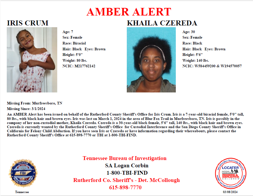 RCTNSheriff's tweet photo. @TBInvestigation issued an Amber Alert for Iris Crum, 7, believed to be with her non-custodial mother, Khaila Czereda. If you have info, immediately call 1-800-TBI-FIND or @RCTNSheriff 615-898-7770.
#TNAMBERAlert https://t.co/OgUVFcekel