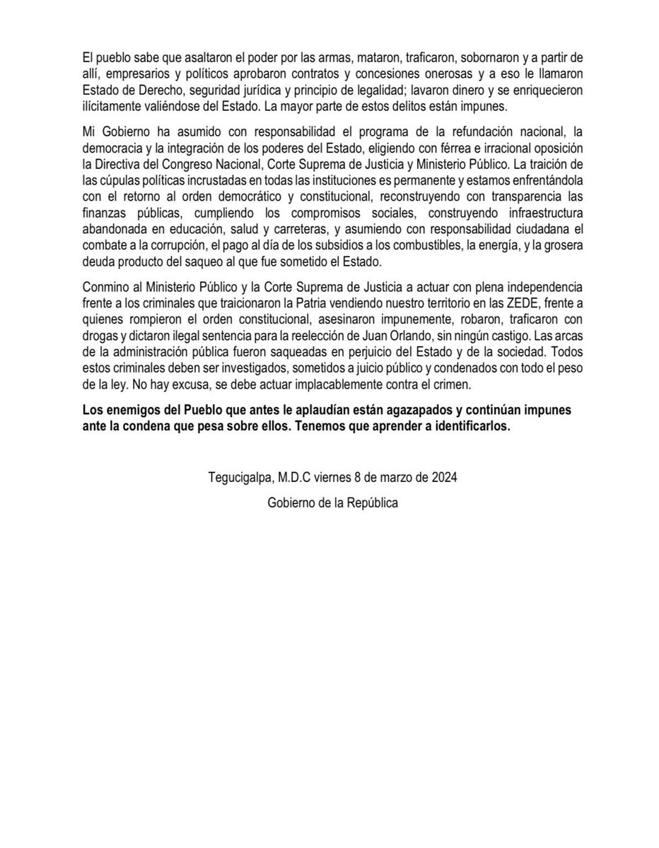 La Presidenta de la República <a href="/XiomaraCastroZ/">Xiomara Castro de Zelaya</a> se pronuncia oficialmente sobre la condena de Juan Orlando Hernández.