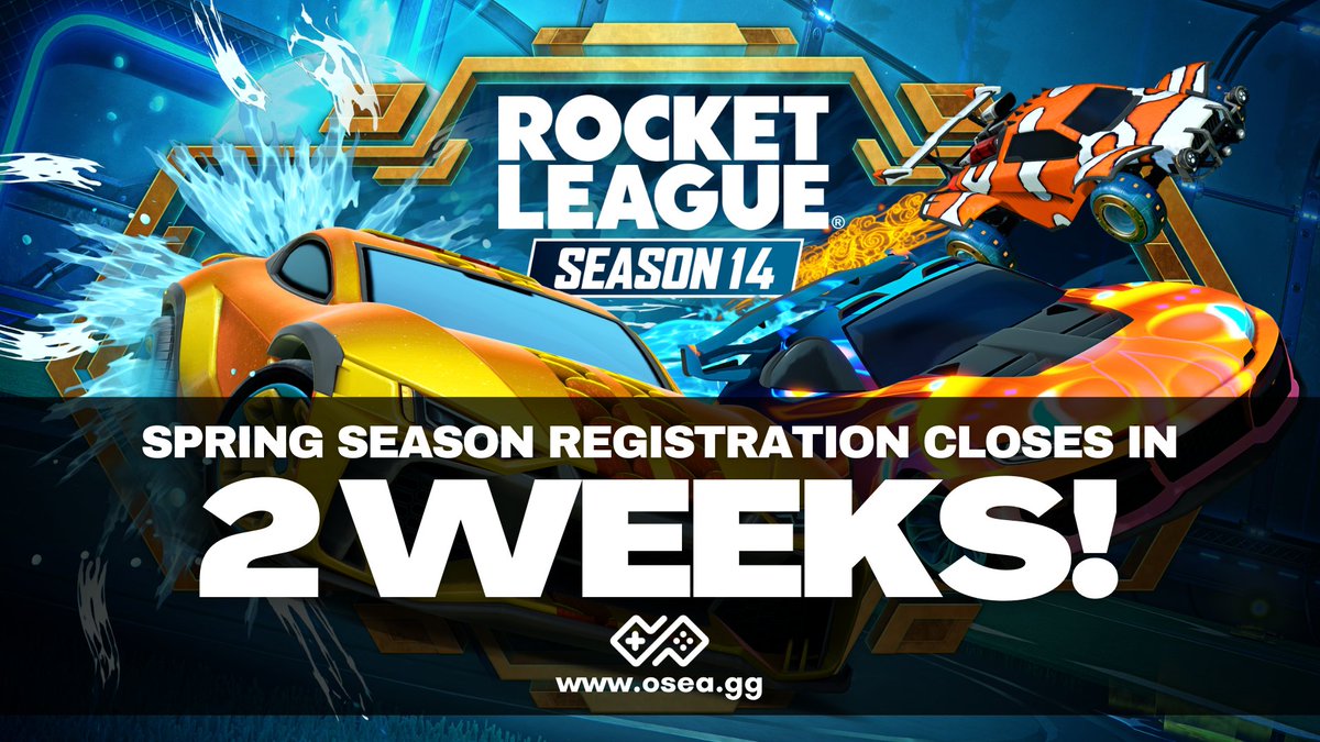 osea_aoses's tweet photo. 🗓️Just two weeks left to register your teams for our @RocketLeague Spring Season!  Kick-off happens March 27th!  

🌐Register today at https://t.co/t7nPZMw1zR https://t.co/M8gv5ZQhmV