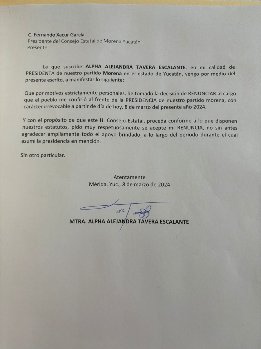NMSNOMAMES's tweet photo. ALPHA TAVERA SE RETIRA DE LA PRESIDENCIA DE MORENA YUCATÁN CON TODO EL RECONOCIMIENTO DE SUS COMPAÑEROS https://t.co/r4cV3LFJiD
