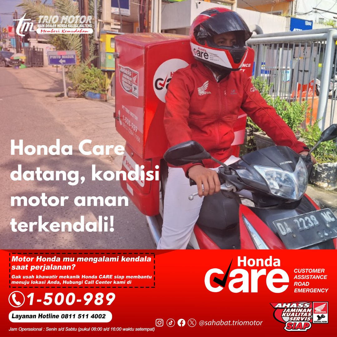 Masih bingung kalau lagi ada kendala di jalan harus bagaimana?

Tenang, Honda Care datang, kondisi motor aman terkendali! 

Telpon aja ke hotline di +62 811-5114-002 atau 1-500-989. 📷
#AHASS #hondacare