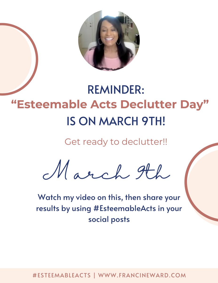 Francineward's tweet image. Get ready to declutter!! bit.ly/4c6xyWD #DeclutterDay #March9

I hope to see your result. Remember to tag #EsteemableActs