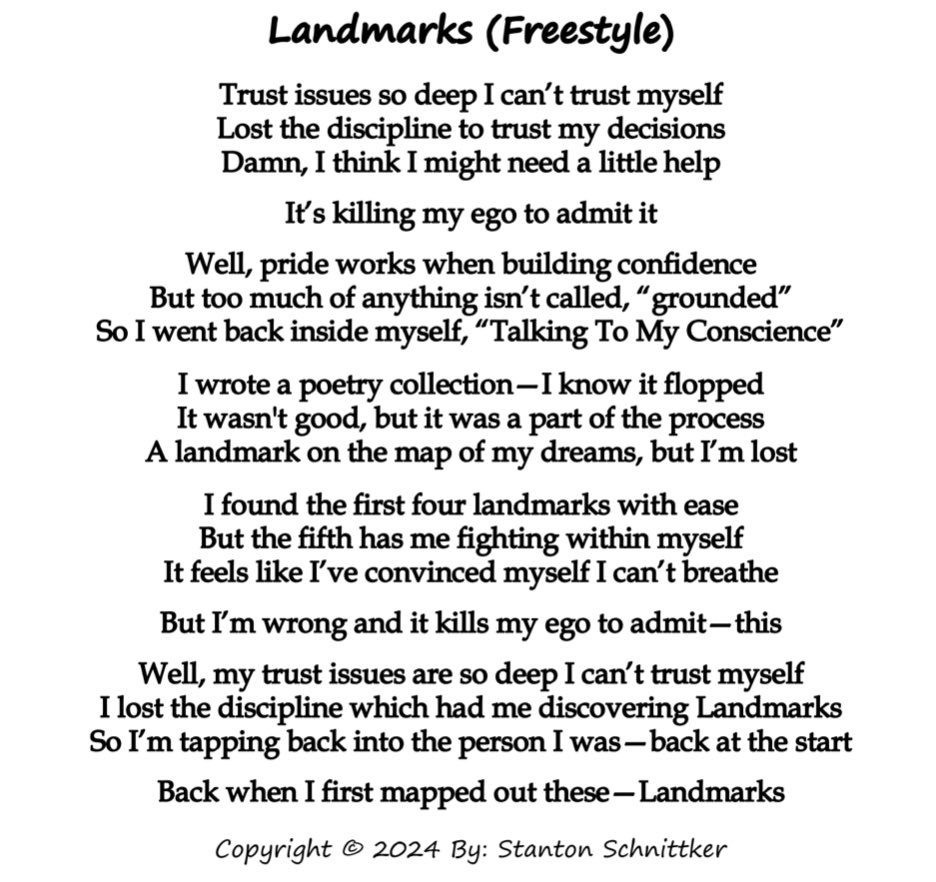 Landmarks Freestyle
Daily Post #99

-

#landmarks #FREESTYLE #artist #art #writer #writing #poetry #poet #poets #poem #poems #fyp #fypage #fypageシ #foryoupage #foryourpage #discipline #DisciplineIsKey #selfhelp #help #ego #EGOIST #PoetryInMotion #PoemADay #poetrycommunity