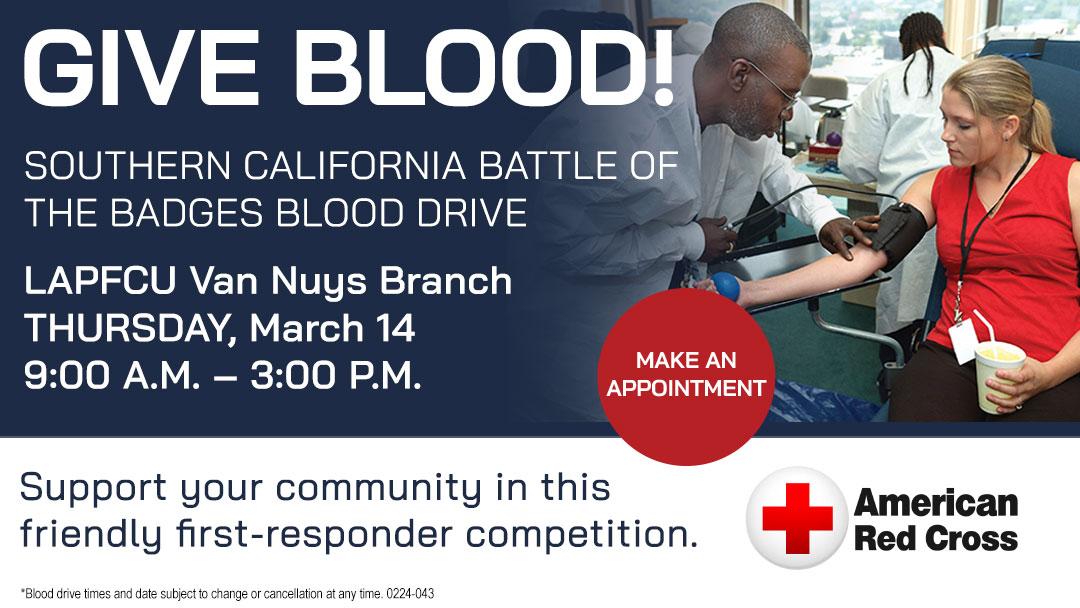 LAPFCU's tweet photo. Join us at the Van Nuys branch for the SoCal Battle of the Badges Blood Drive to support our law enforcement community. 🚨Make an appointment at https://t.co/r975m5PesH. https://t.co/H5QkzJGVQx