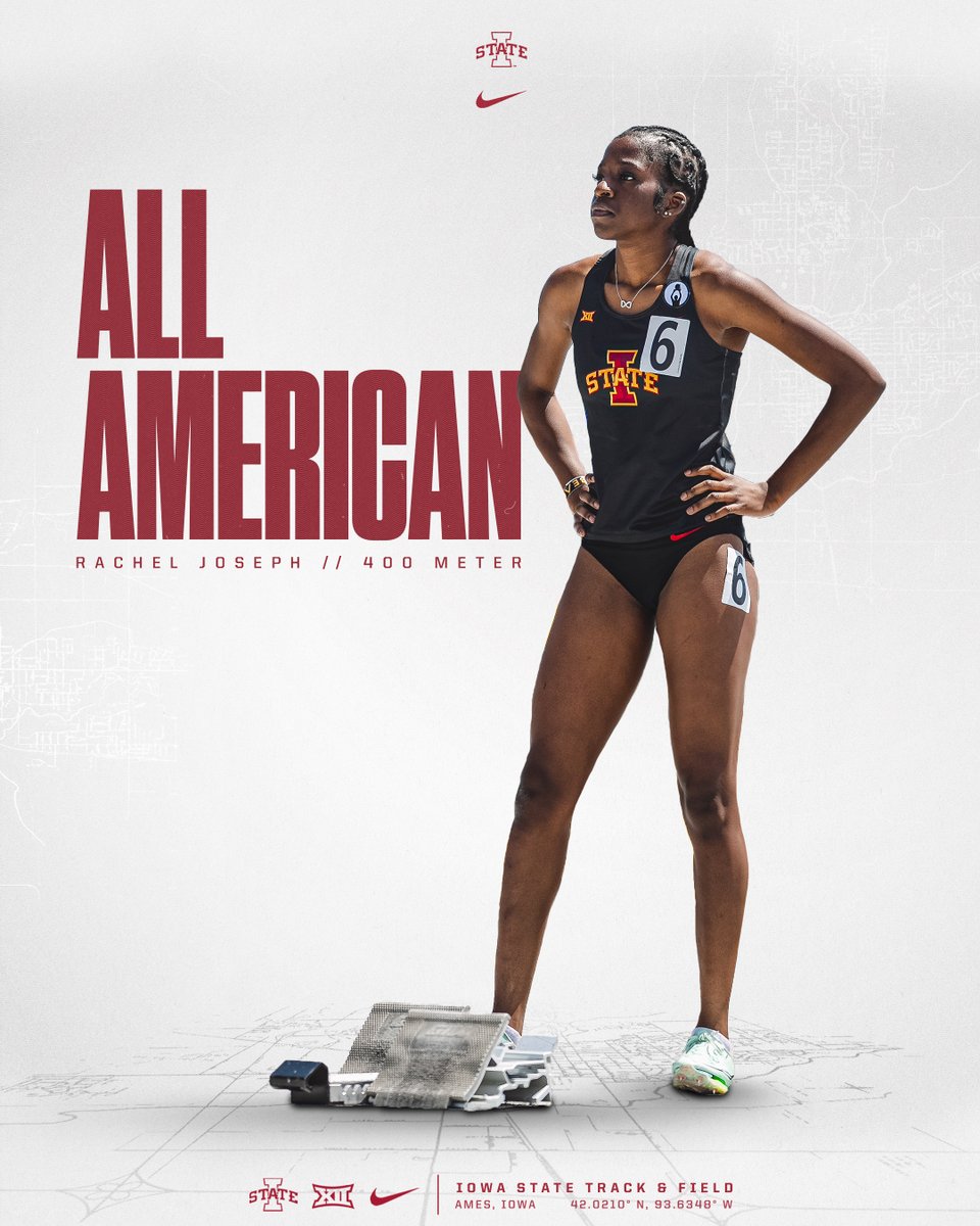 Rachel Joseph, All-American.

The sophomore picks up Second Team All-America honors with a 400m time of 53.35, finishing 15th at NCAA Championships. Rachel is the first woman in Iowa State history to pick up indoor 400m All-America honors.

#Sprint4ISU
