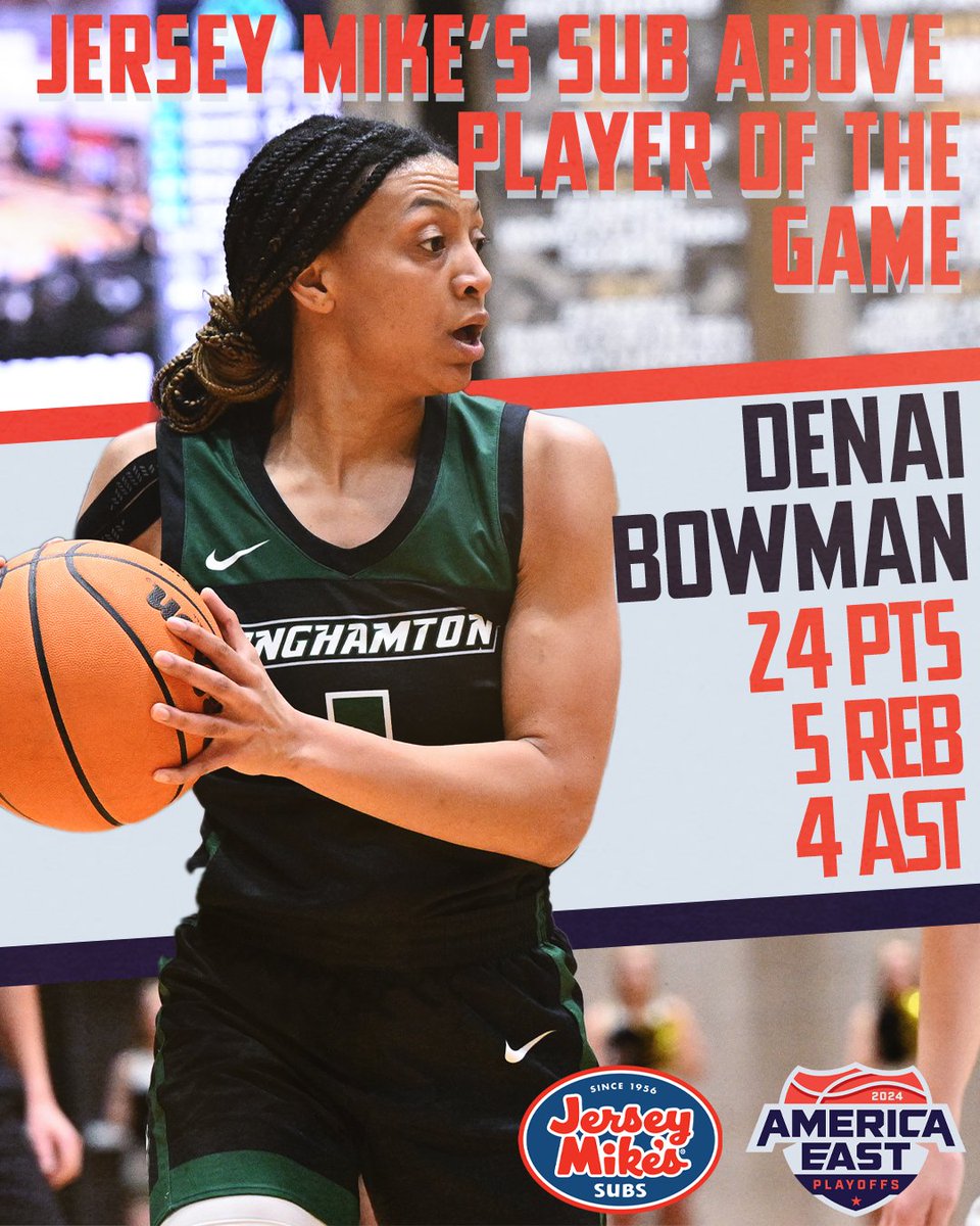 Who else but Denai Bowman could be the <a href="/jerseymikes/">Jersey Mike's Subs</a> Sub Above Player of the Game as <a href="/BinghamtonUWBB/">Binghamton WBB</a> took down #4 seed Bryant!