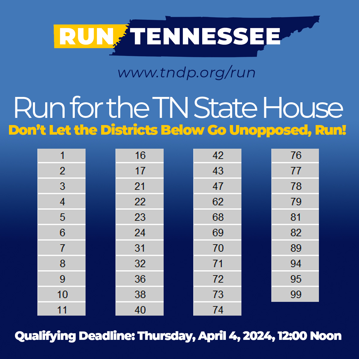 We need Democrats stepping up to run for office in every district in 2024. We CAN'T allow Republicans to run unopposed. Want to run for State House? We want to help. Visit tndp.org/run and complete our candidate interest form or email recruit@tndp.org.