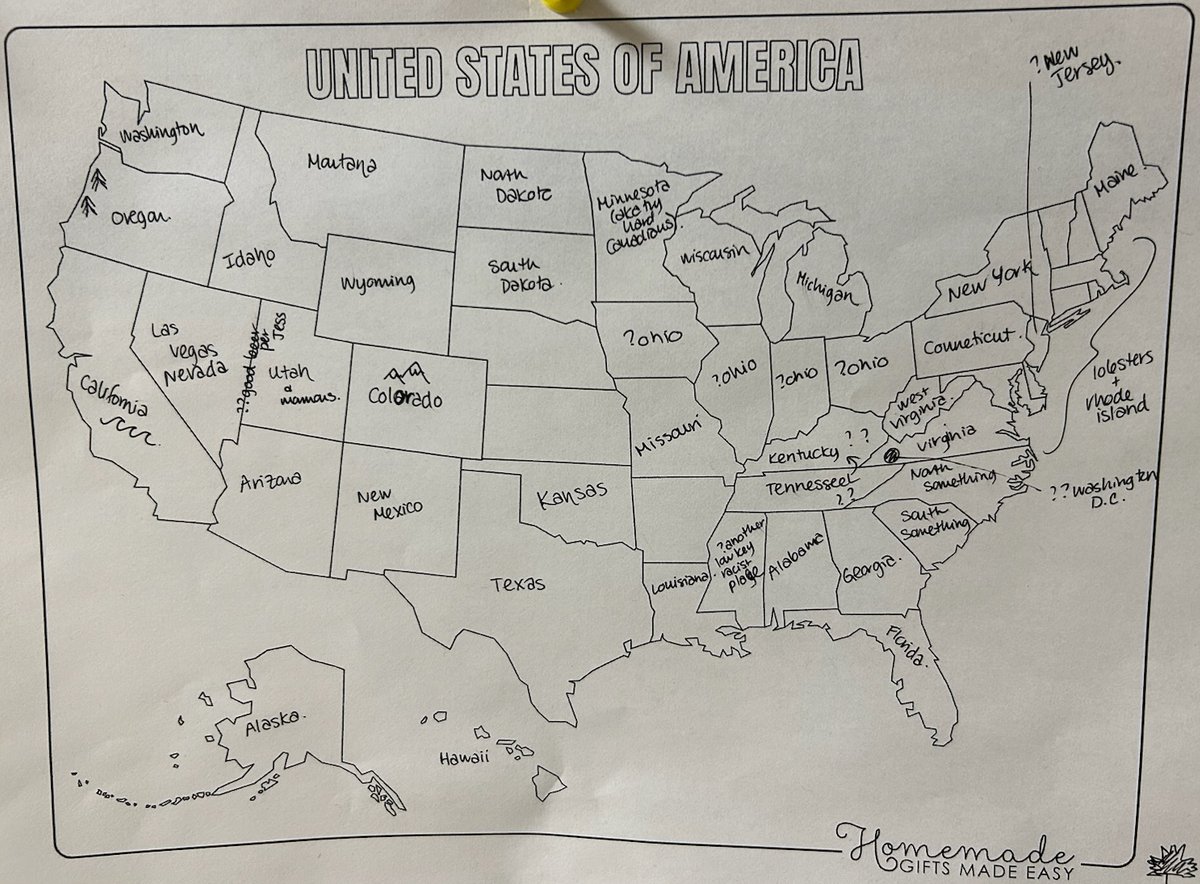 SteveCurryMD's tweet photo. We asked a physician rotator from Canada to label states in a US map. She did incredibly well, but those center square states remain an enigma. I could not have done as well labeling a Canadian map. Most Americans would not have done this well on a US map. https://t.co/5d4NP1QhiJ