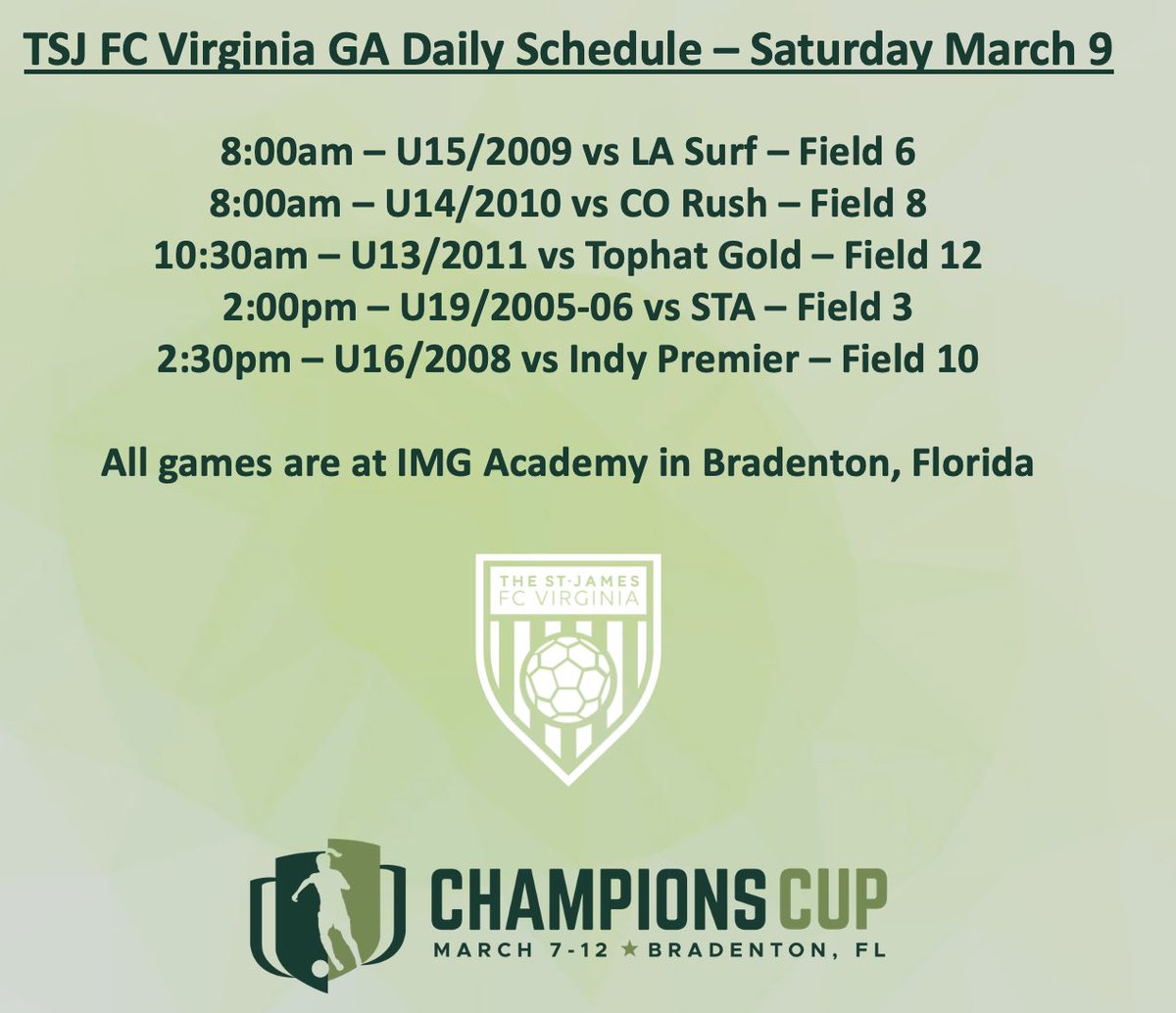 Our <a href="/GAcademyLeague/">Girls Academy</a> Champions Cup schedule for Saturday March 9.

Come watch us play! 👀