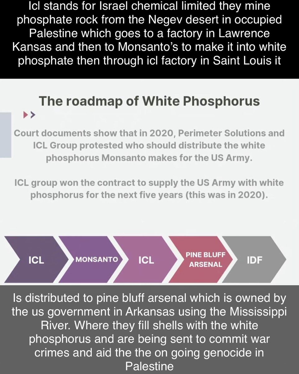 Ihatemyself570's tweet image. ICL (Israel chemical limited group) are mining phosphate rock from occupied Palestine to send Monsanto to make white phosphorus to then to send back to the government to continue the genocide in Gaza.