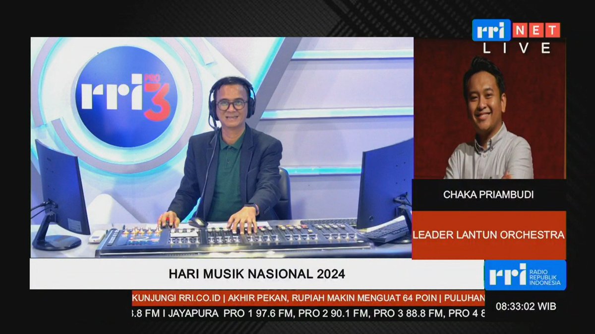 RRIPrograma3's tweet photo. #live
Saat ini sdg berlangsung dialog dengan topik Hari Musik Nasional 2024 bersama Chaka Priambudi - Music Director HMN 2024/ Leader Lantun Orchestra yg dipandu oleh Rudi Zein.
Dengarkan di 88,8FM & RRI Digital.
#IMPagi https://t.co/AlsdM6fTyZ