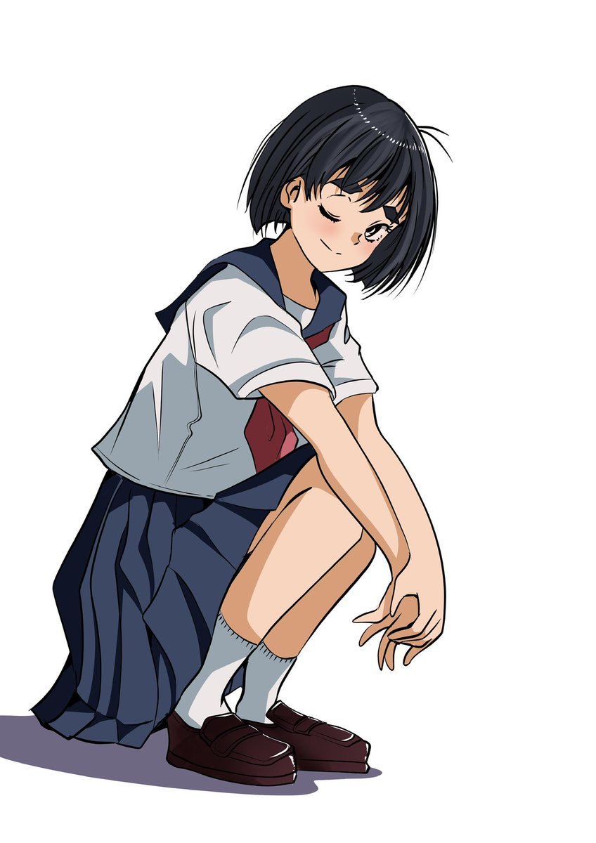 1girl solo school uniform skirt one eye closed black hair white background  illustration images