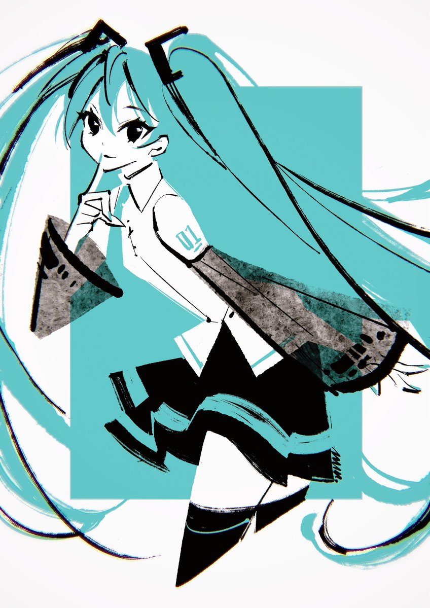 hatsune miku 1girl solo long hair skirt thighhighs detached sleeves twintails  illustration images