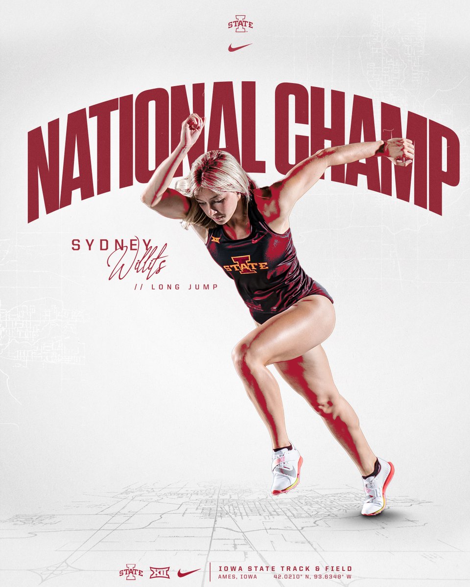 NATIONAL CHAMPION.

Sydney Willits is the NCAA Long Jump National Champ! Sydney becomes the first to leap past 22 feet and first long jump national champion in Iowa State history with her school record of 22-1 1/2 (6.74m).

#Jump4ISU
