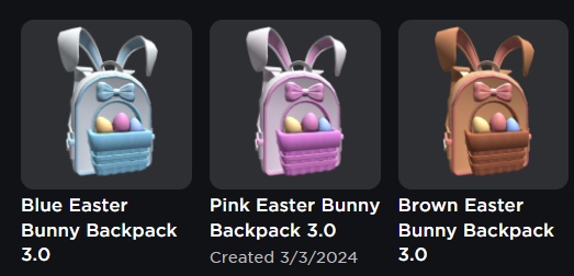 Due to popular demand, we've created 3.0 versions of our Easter Bunny Backpack Series!

🐰🐰Find them here: roblox.com/groups/851558/…

#RobloxUGC #Roblox #RobloxDev #robloxart