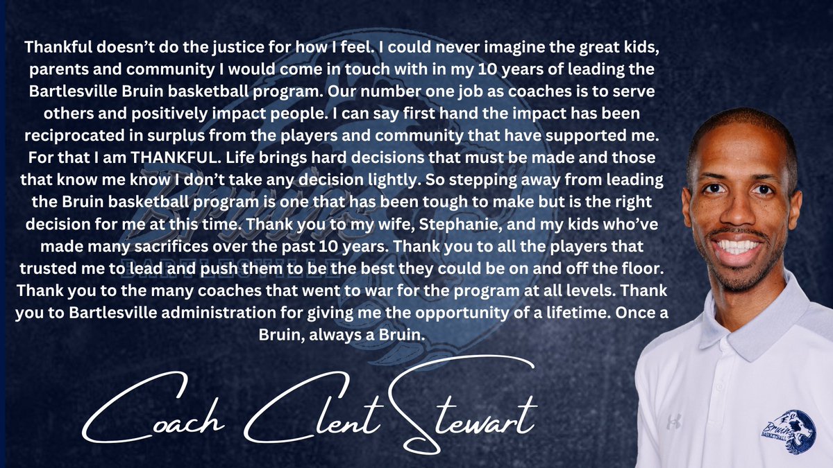 Clent Stewart (@clentstewart) on Twitter photo Quick life updateβ¦More than thankful for my time serving and leading <a href="/BvilleBruinsMBB/">Bartlesville Bruins Basketball</a> over the past decade. Very tough decision but Iβm excited for whatever the next chapter may bring. Quick life updateβ¦More than thankful for my time serving and leading <a href="/BvilleBruinsMBB/">Bartlesville Bruins Basketball</a> over the past decade. Very tough decision but Iβm excited for whatever the next chapter may bring.
