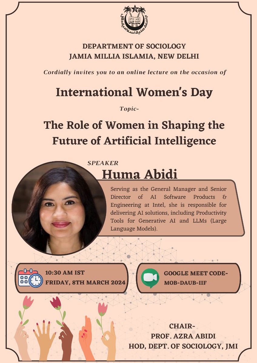 Happy International Women’s day to  all of you strong wonderful women. On this occasion I had the pleasure to give a talk on “Role of Women in AI” at Jamia Millia University, New Delhi. I talked about the Gender (and URM) Biases in AI, trailblazing women, Ethical XAI and more…
