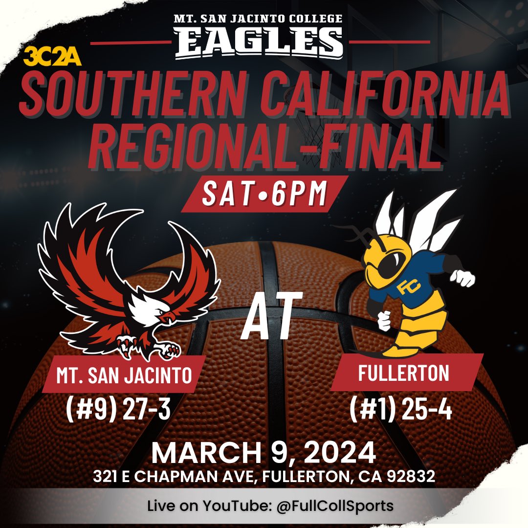 🚨3C2A So-Cal Regional Final🚨
🗓️Saturday, March 9, 2024
🕕 6 pm
📍 Fullerton College
🦅 Mt. San Jacinto College (27-3) 🦅 
🆚 #1 Fullerton College (25-4) 
📺 YouTube: FullCollSports