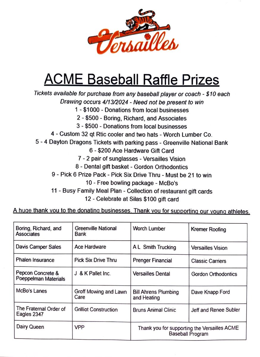 Baseball players will start selling raffle tickets for the ACME baseball raffle tomorrow. A lot of great prizes from some great local businesses. See any player or coach for your chance to win. Tickets are $10 each.