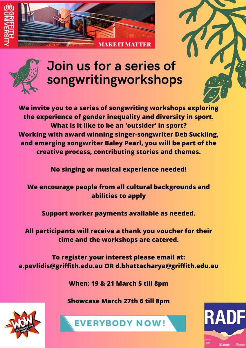 Engaging Outsiders in Sports is organising a song writing workshop exploring the experience of gender inequality and diversity in sport. Please email us if interested. @adele_pavlidis @SimoneFullagar @GriffithUniSAGE @GU_Incl_Futures @Griffith_Uni @GU_SocialCultur