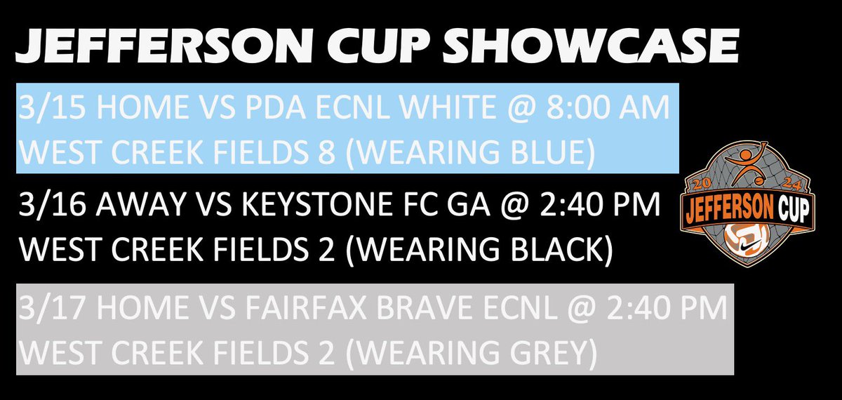 ElliottLaina's tweet photo. JEFFERSON CUP SCHEDULE 🚨
Can’t wait to compete with my girls and showcase my talent! 

@CoppermineE6407 @copperminecsc @NCAASoccer @ImCollegeSoccer @SoccerMomInt @BaltNGSoccer @ImYouthSoccer @TopPreps @UncommittedGrls https://t.co/I7LyXSJz4M