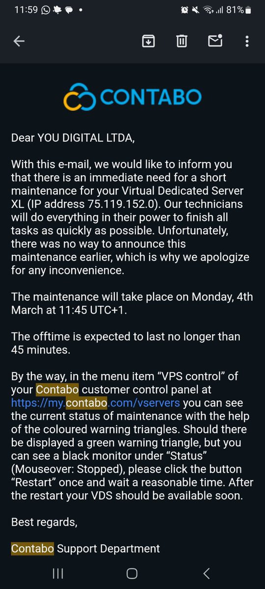 sandcoutinho's tweet photo. @ContaboCom our server is down since last monday. We tried to contact yours channels several times unsuccessfuly. Now, we have a lot of clients out of work. What We have to do to fix this problem? Since monday!!!! Image attached. https://t.co/3GplPSxQ1b