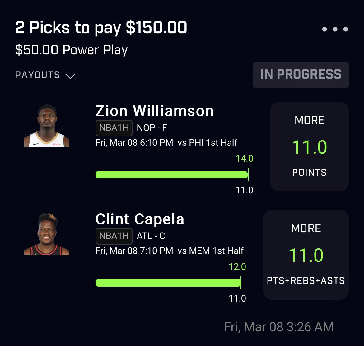 TroubleBets's tweet photo. The 1H Goats cash back2back days🎯🐐
Patrons are up on a light day💰
#NBA #NBAX #GamblingX #PrizePicks #Underdog #NBA1H #Pelicans #Hawks #parlays #Betr #NBAPicks #bettingtips https://t.co/uBGojQadRv