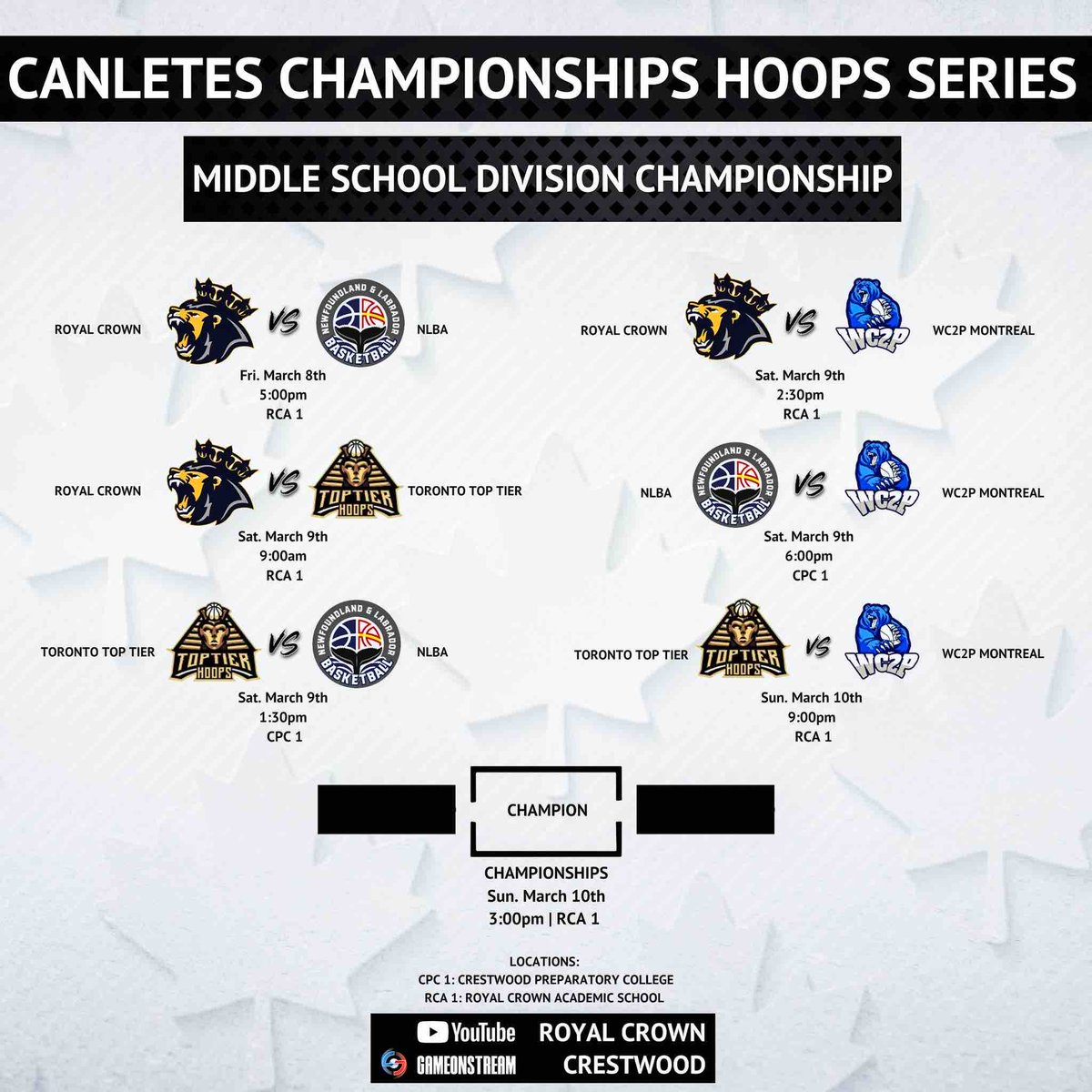 Canletes_Sports's tweet photo. 🇨🇦 🏀 CANLETES CHAMPIONSHIP HOOPS SERIES 

🔗 FULL SCHEDULE: https://t.co/vkTnP2qo40 

Watch the action live:

🔗 Royal Crown School Live Stream: [https://t.co/TYAJu4UhXf]

🔗 Crestwood Prep Live Stream: [https://t.co/26rb11j0aB]

#Canletes #HoopsSeries https://t.co/KabxsT0bza