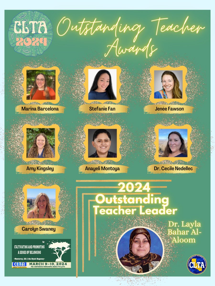 CLTAtweets's tweet photo. Congratulations to CLTA's Outstanding Teachers &amp; Leader! Please join us in celebrating them and showing our appreciation for all their hard work, dedication, and commitment to the profession. ❤️👏🌟 #clta24 https://t.co/PQVquzBuhK