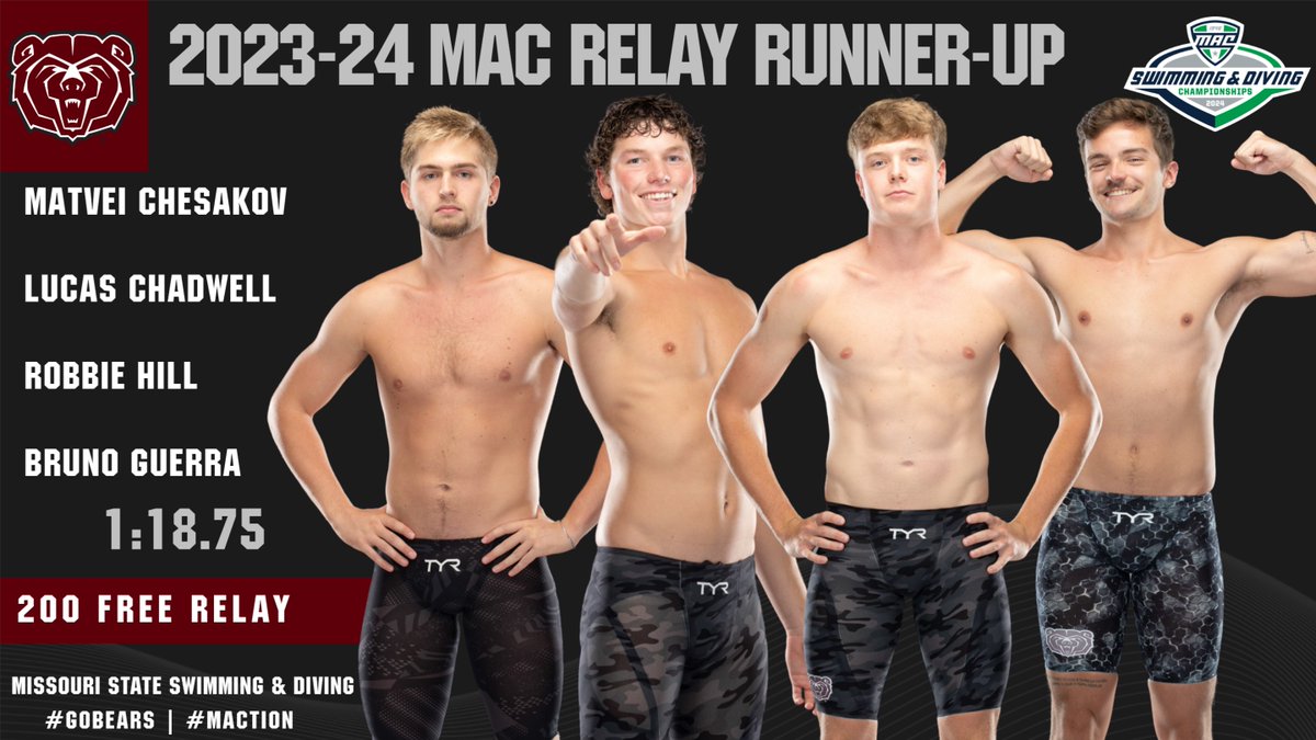 MoStateSwim's tweet photo. A nice way to end the night.

Bears take the🥈in the 200 free relay to close in on the team leaderboard.

#GoBears 🐻🏊‍♂️ | #MACtion https://t.co/8RtPr9psM4