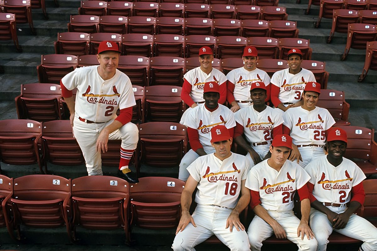 AugieNash's tweet image. I've always loved this 1968 photo of Red standing guard over his players.

Top to bottom:
Maris - McCarver - Cepeda
Gibson - Flood - Javier
Shannon - Maxvill - Brock

#STLCards