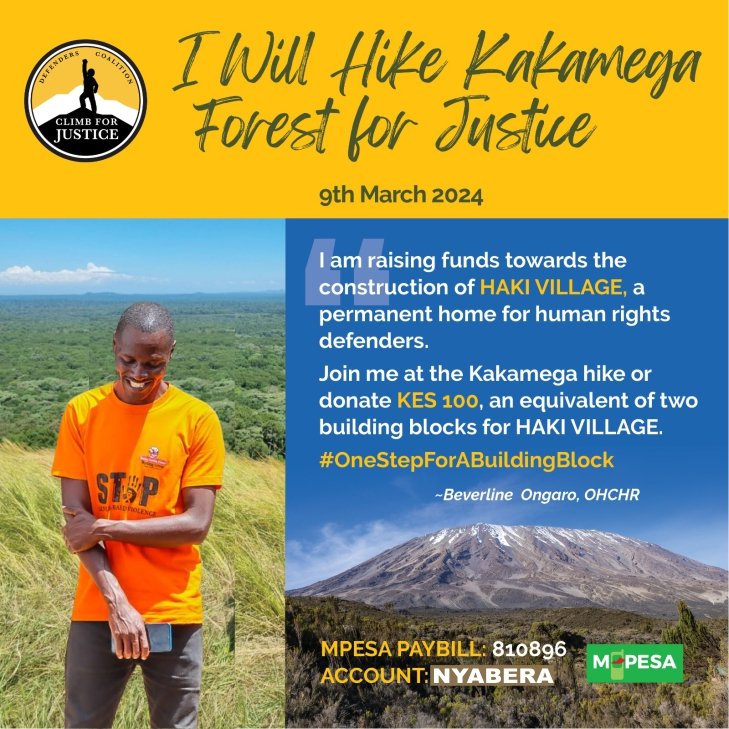 I am Hiking Kakamega Forest For Justice. To support construction of HAKI VILLAGE by @DefendersKE, deposit any amount to Business no. 810896; Account no: Nyabera. Courtesy of @TambuaSJC