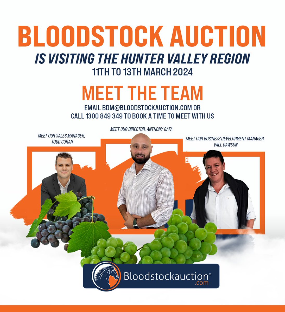 Bloodstockauction.com will be visiting the Hunter Valley Region! MEET Bloodstock Auction's management team for a chat and a meal/drinks on us 😋 Monday 11th to Wednedsay 13th March 2024. Email bdm@bloodstockauction.com or call 1300 849 349 to book in a time to meet with us.