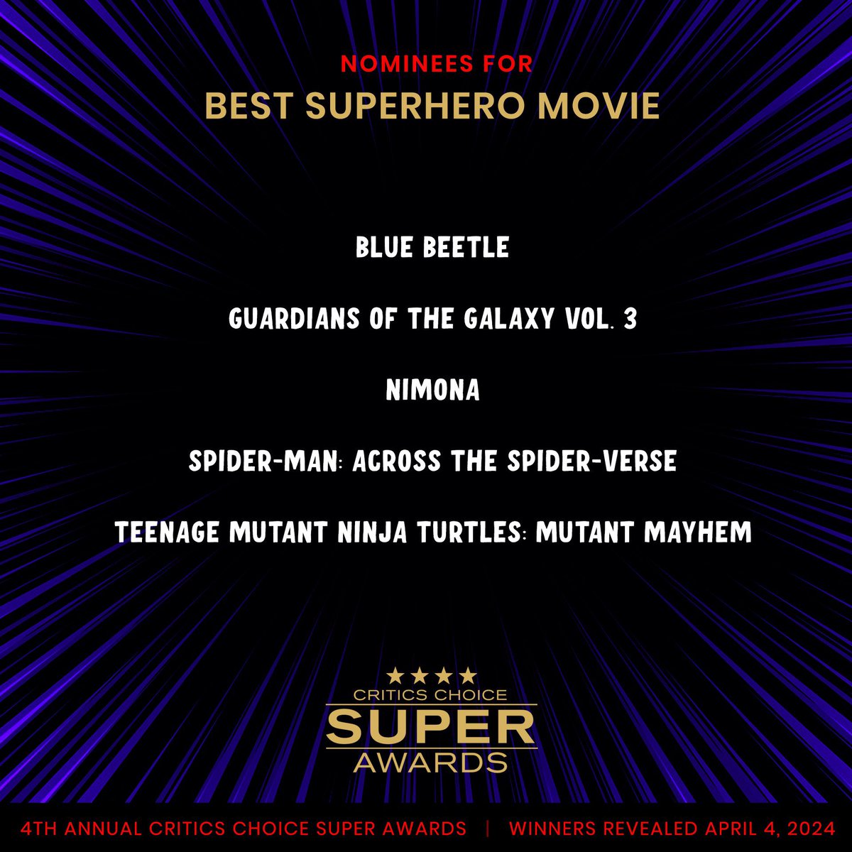 Blue Beetle was nominated for the Critics Choice Super Awards for 'BEST SUPERHERO MOVIE'. Winners will be announced April 4th, 2024 🌟
#CriticsChoice #CCSuperAwards