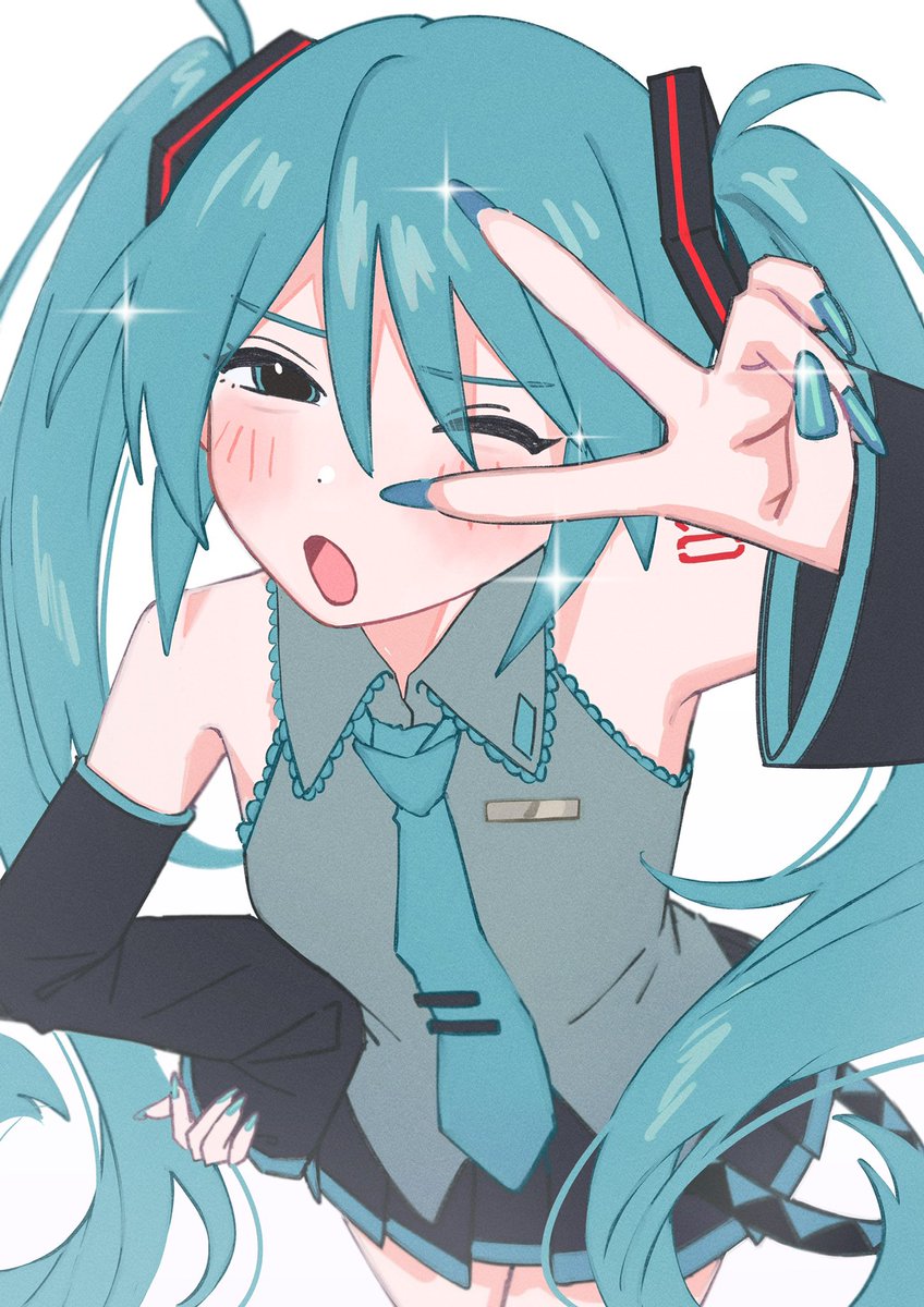 hatsune miku 1girl solo twintails necktie one eye closed skirt detached sleeves  illustration images