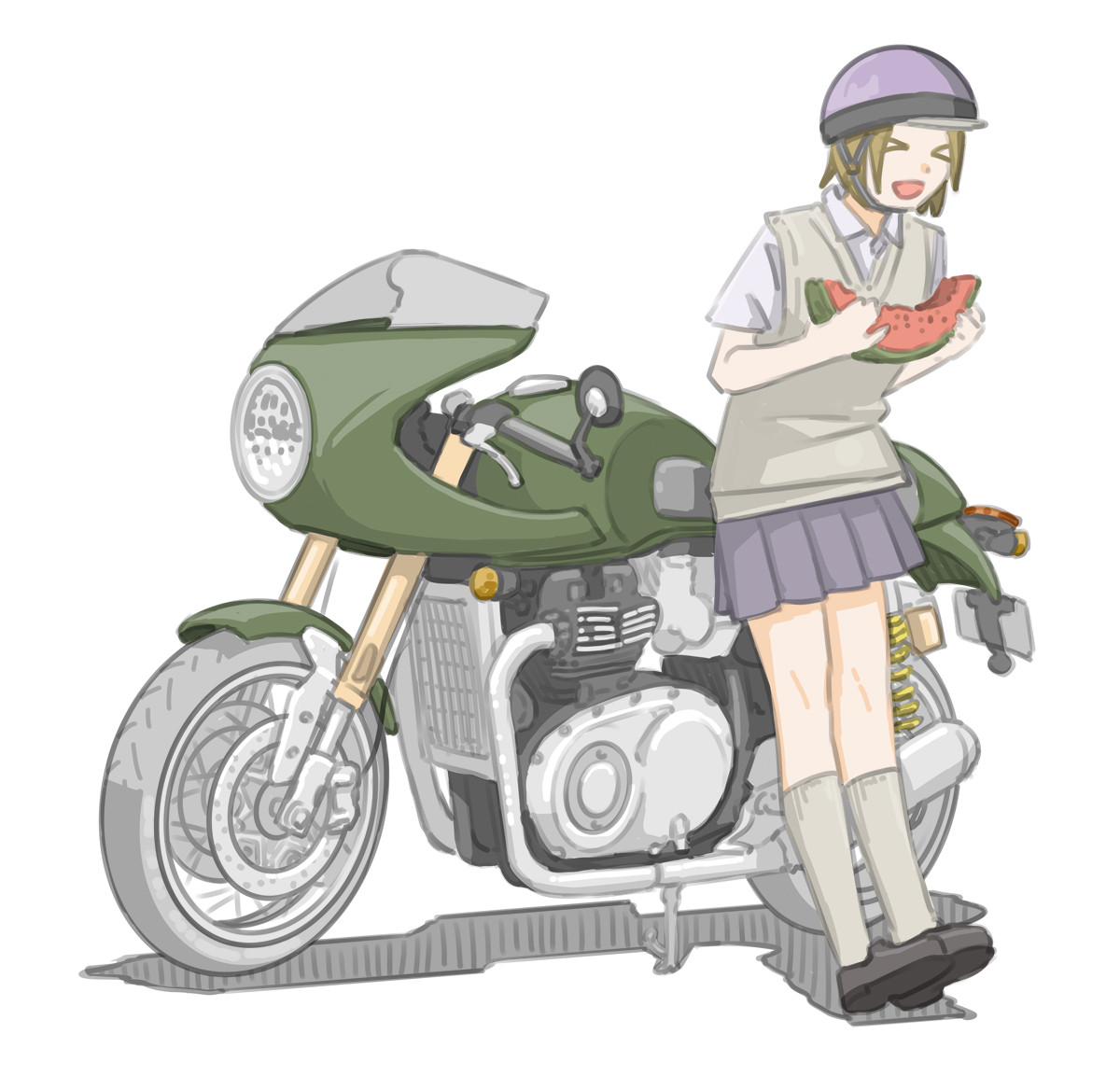 1girl ground vehicle motor vehicle food helmet fruit watermelon  illustration images