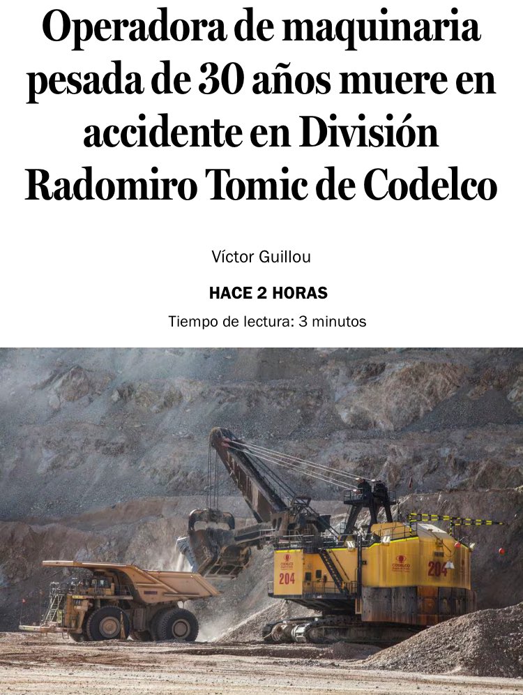 Otro accidente cobra la vida de una trabajadora del sector minero. @CodelcoChile debe realizar una profunda investigación y revisar los protocolos de seguridad. L@s trabajador@s exigimos seguridad y no exponer nuestras vidas. Esto nos motiva para el #ParoNacional del 11 de abril
