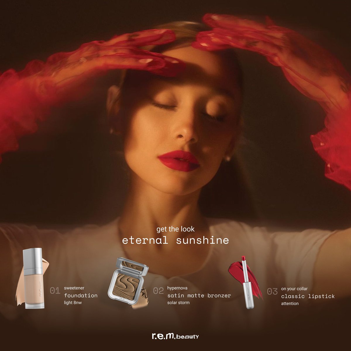 rembeauty's tweet image. ☀️ ari’s new album ‘eternal sunshine’ is available now. get the look + listen at the link below ♡ 

featured products:
#sweetener foundation in “light 8nw”
#hypernova satin matte bronzer in “solar storm”
#onyourcollar classic lipstick in “attention” 

ArianaGrande.lnk.to/eternalsunshin…