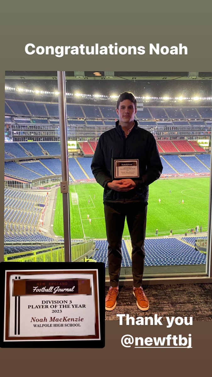 Congratulations <a href="/NoahMackenzie12/">Noah Mackenzie</a> for being named D3 football player of the year by John &amp; Kevin from <a href="/newftbj/">New England Football Journal ® 🏈</a> tonight  <a href="/MHSFCA4/">MHSFCA</a> annual coaches clinic <a href="/GilletteStadium/">Gillette Stadium</a> 
<a href="/coachsullivan63/">chris sullivan</a> <a href="/WalpoleHS/">Walpole High School</a> <a href="/WalpoleAD/">Walpole High Athletics</a> <a href="/MIAA033/">MIAA</a> @BostonHeraldHS <a href="/GlobeSchools/">Boston Globe Schools</a> <a href="/M2_QBacademy/">M2 QB Academy</a>