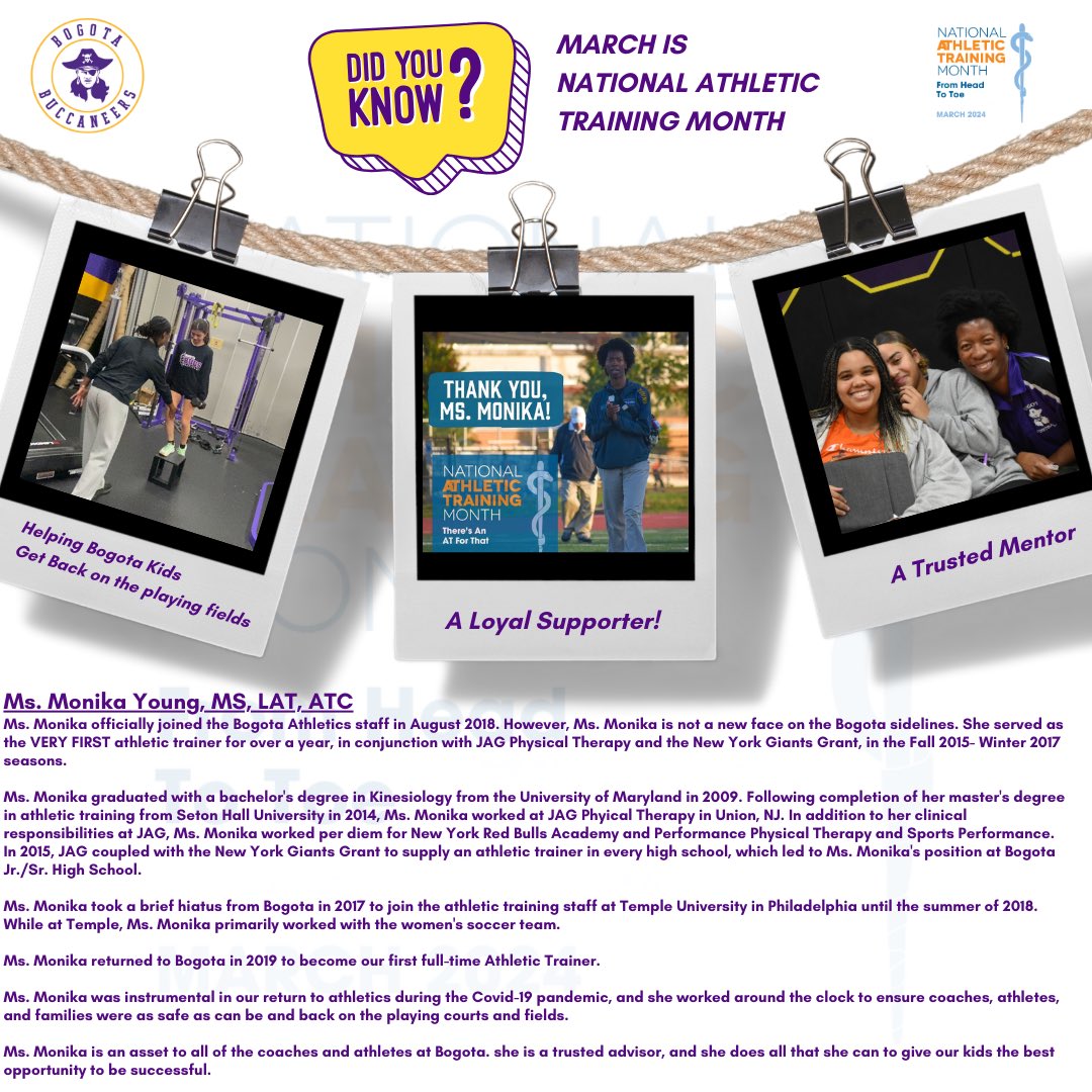 Bogota Bucs (@bogotaathletics) on Twitter photo ⁉️ Did You Know that March is National Athletic Training Month?
Athletic Trainers are the unsung heroes of High School Athletics and deserve appreciation always.
Ms. Monika, Bogota’s Athletic Trainer is the BEST in the business. Thank you for all that you do! <a href="/BogotaPublic/">Bogota Public Schools</a> ⁉️ Did You Know that March is National Athletic Training Month?
Athletic Trainers are the unsung heroes of High School Athletics and deserve appreciation always.
Ms. Monika, Bogota’s Athletic Trainer is the BEST in the business. Thank you for all that you do! <a href="/BogotaPublic/">Bogota Public Schools</a>