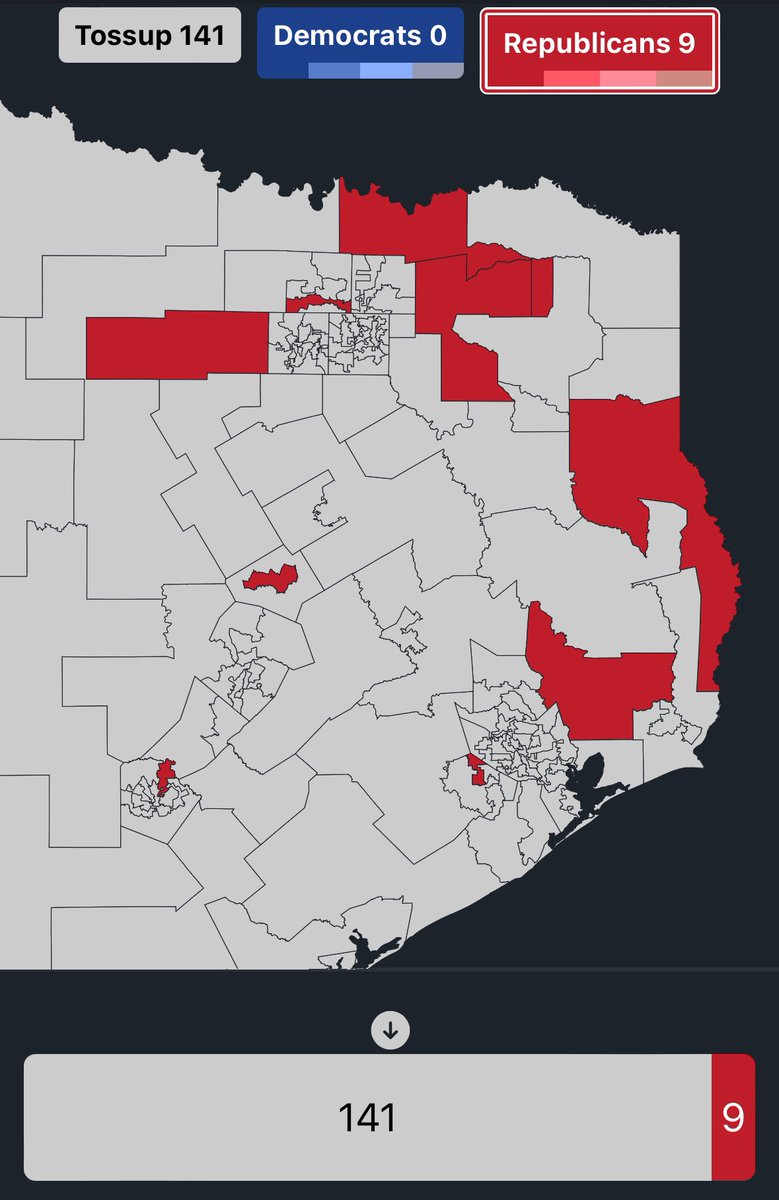 Here is a map of the Texas House GOP incumbents who lost on Tuesday.

Jill Dutton (HD2)
Travis Clardy (HD11)
Ernest Bailes (HD18)
Jacey Jetton (HD26)
Hugh Shine (HD55)
Glenn Rogers (HD60)
Reggie Smith (HD62)
Kronda Thimesch (HD65)
Steve Allison (HD121)