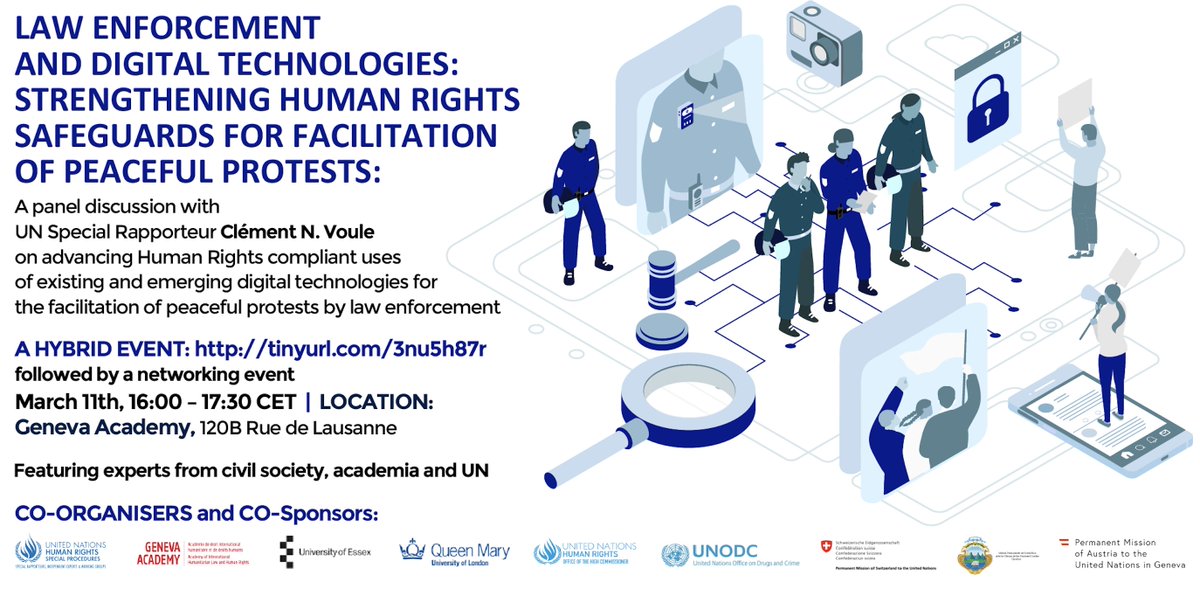 Join us!! I'm looking forward to this panel on human rights & police use of #tech in peaceful assemblies - Speakers include: Special Rapporteur @cvoule & experts from civil society, academia & @UN. #HRC55 11 March 16:00 CET. tinyurl.com/3n5h87r