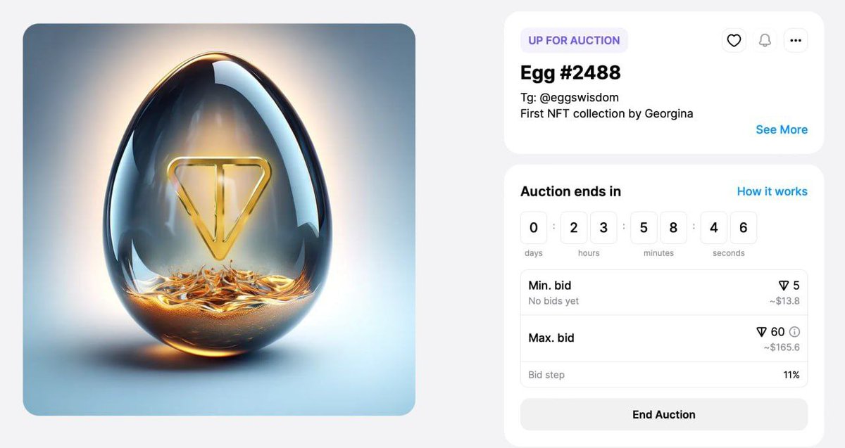EggsWisdom's tweet photo. 🙏 TON Egg
✔ Egg #2488 (https://t.co/JIkpd0OeG0) + 🎁 Egg gift
💎 Starting price: 5 TON
🙏 Auction duration: 1 day
✅GetGems |https://t.co/ykL7GaNu2N #EGGToken | #EggsWisdom |#EggsNft
@TechnicalNoyon
@ArtiClubNft
#nft #NFTCommunity #NFTGiveaway #NFTs #Notcoin #Ton #NEAR #HotWallet