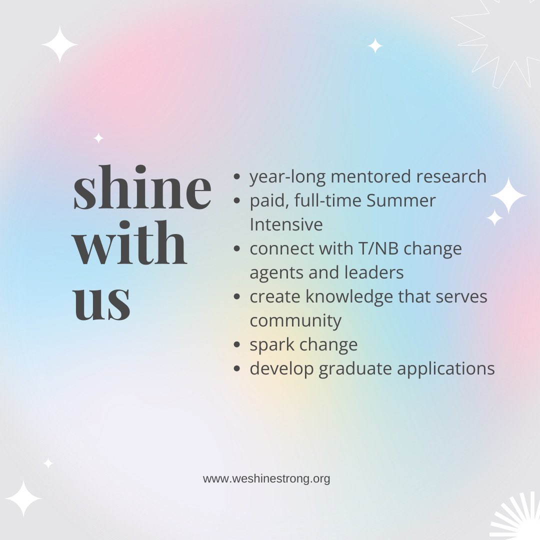TransgenderEdu's tweet photo. SHINE Strong is a yearlong program that seeks to support the next generation of HIV Prevention efforts for trans health scholars by providing mentored research opportunities. This includes a full-time paid summer intensive, scientific conference, and graduate application support. https://t.co/tSNW7C8DCH