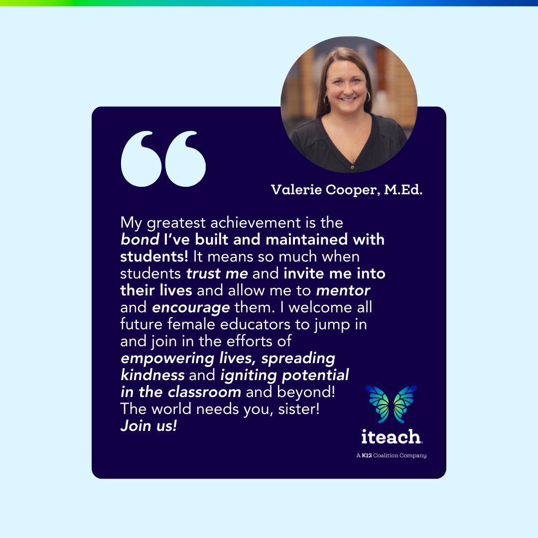 On this #InternationalWomensDay, we shine the spotlight on iteach graduate @VCooperITF. We asked Valerie about her proudest achievements in education and her goals to inspire future generations. Thank you, Valerie, for shaping the minds of future leaders & aspiring educators!